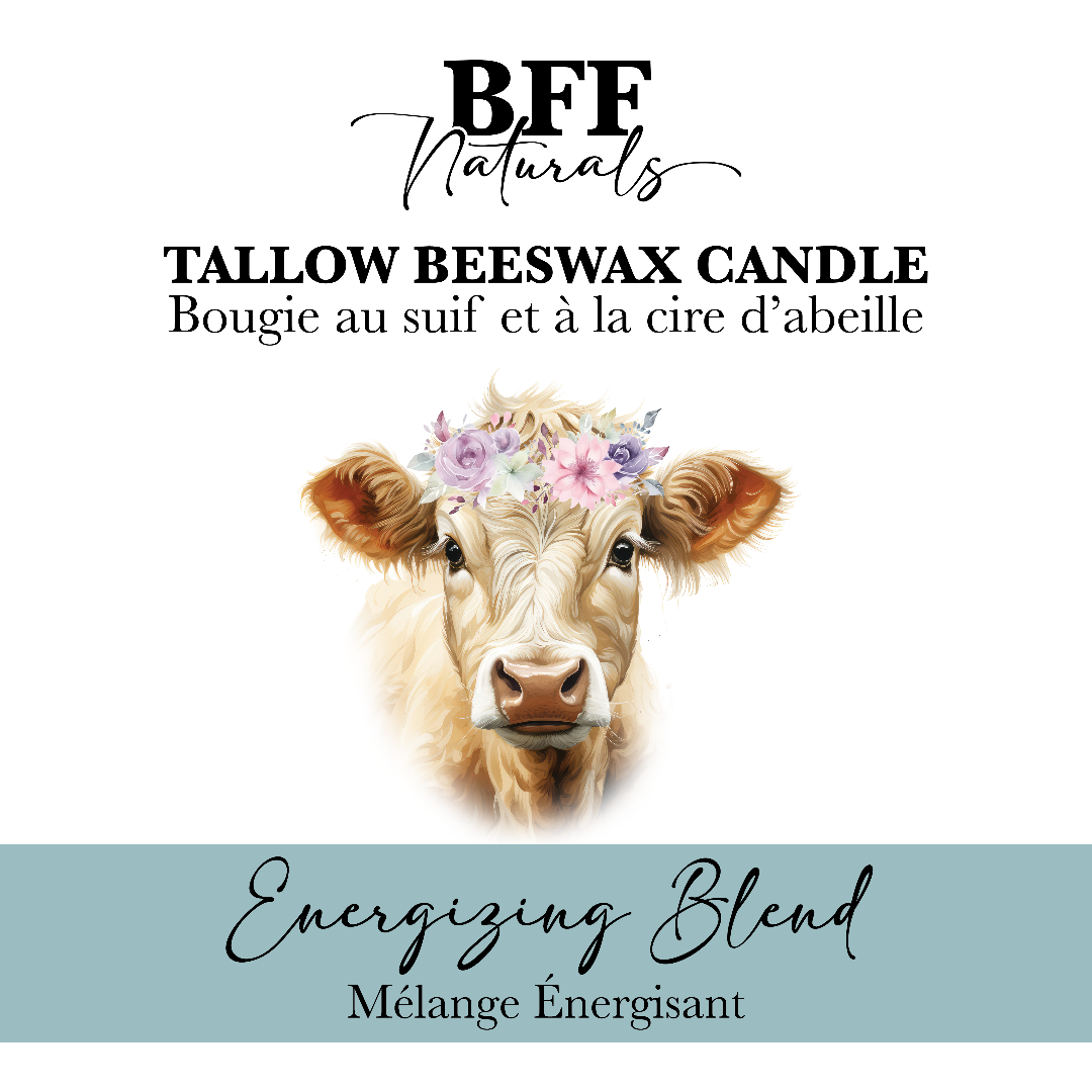 Tallow Beeswax Candle packaging with cow illustration and 'BFF Naturals' branding