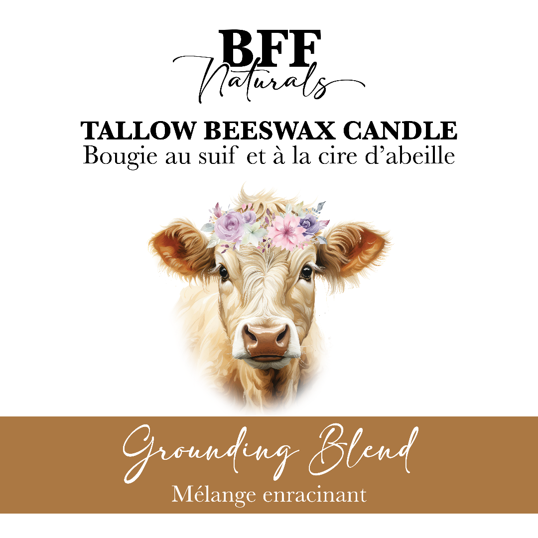 Tallow beeswax candle packaging with cow illustration and floral crown on a white background