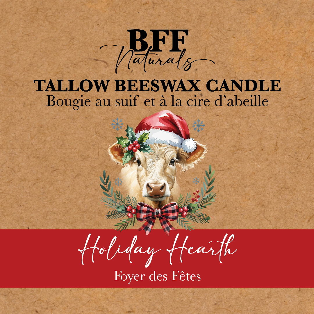BFF Naturals tallow beeswax candle packaging with a cow wearing a Santa hat on a brown background.
