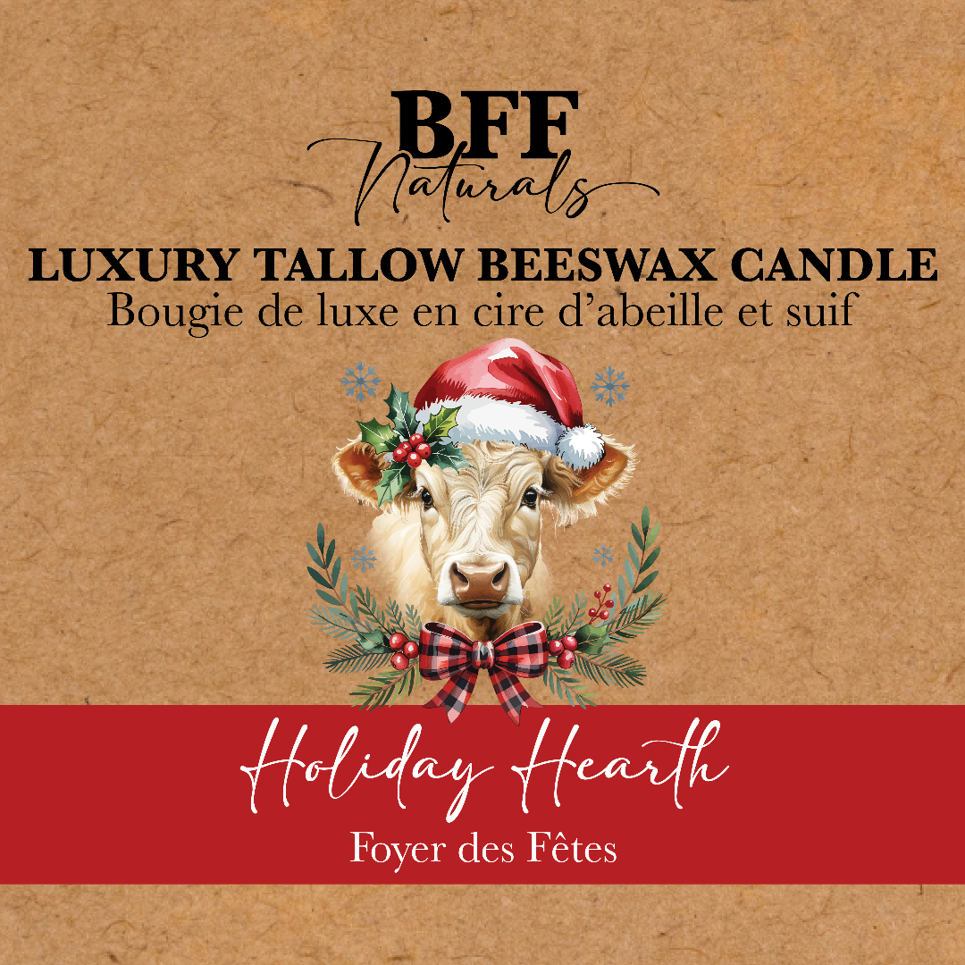 Candle packaging with a cow wearing a Santa hat and wreath, labeled 'BFF Naturals' on a brown background.