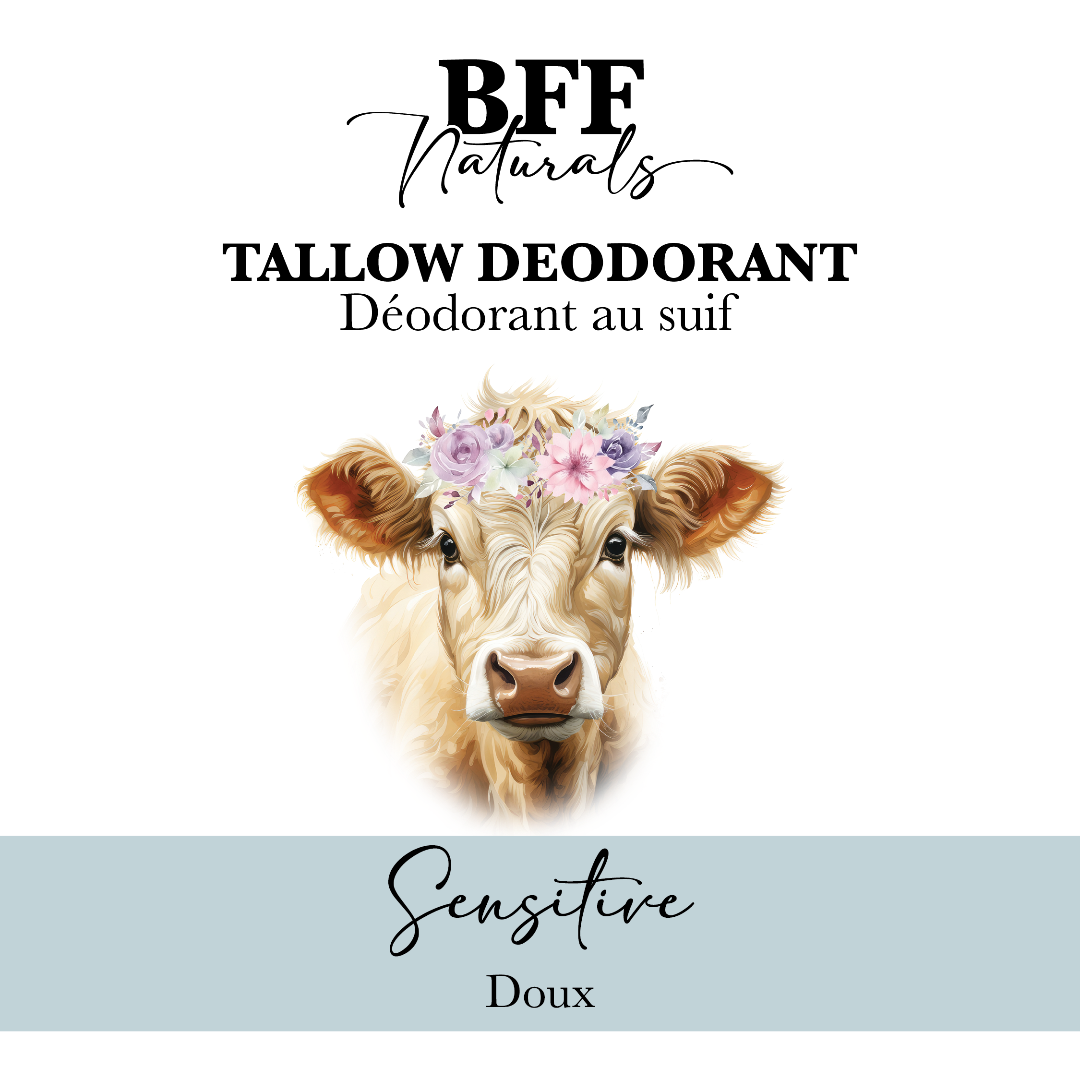 BFF Naturals tallow deodorant packaging with a cow's face and floral crown on a white background.