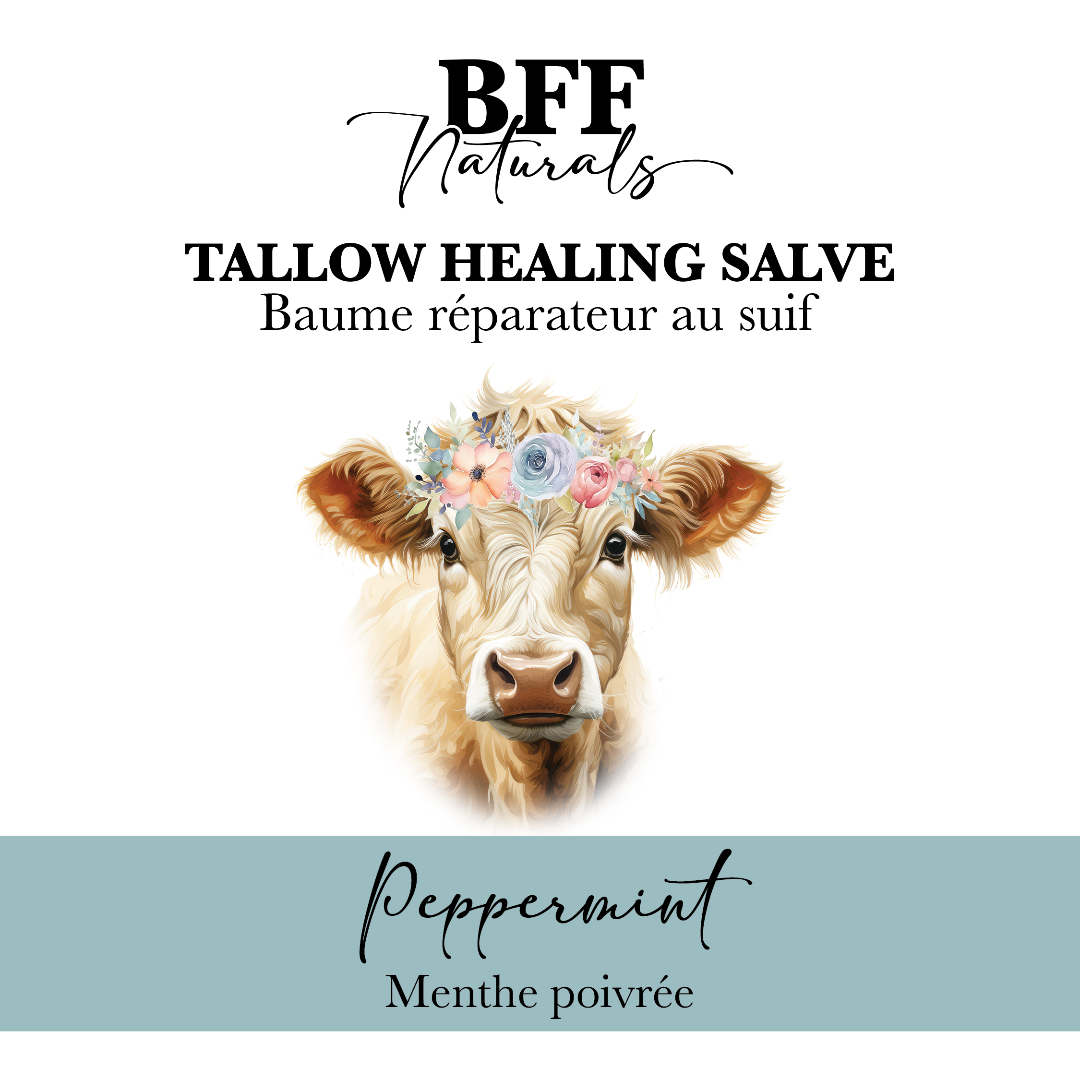 BFF Naturals tallow healing salve label with a cow's face and peppermint flavor text.