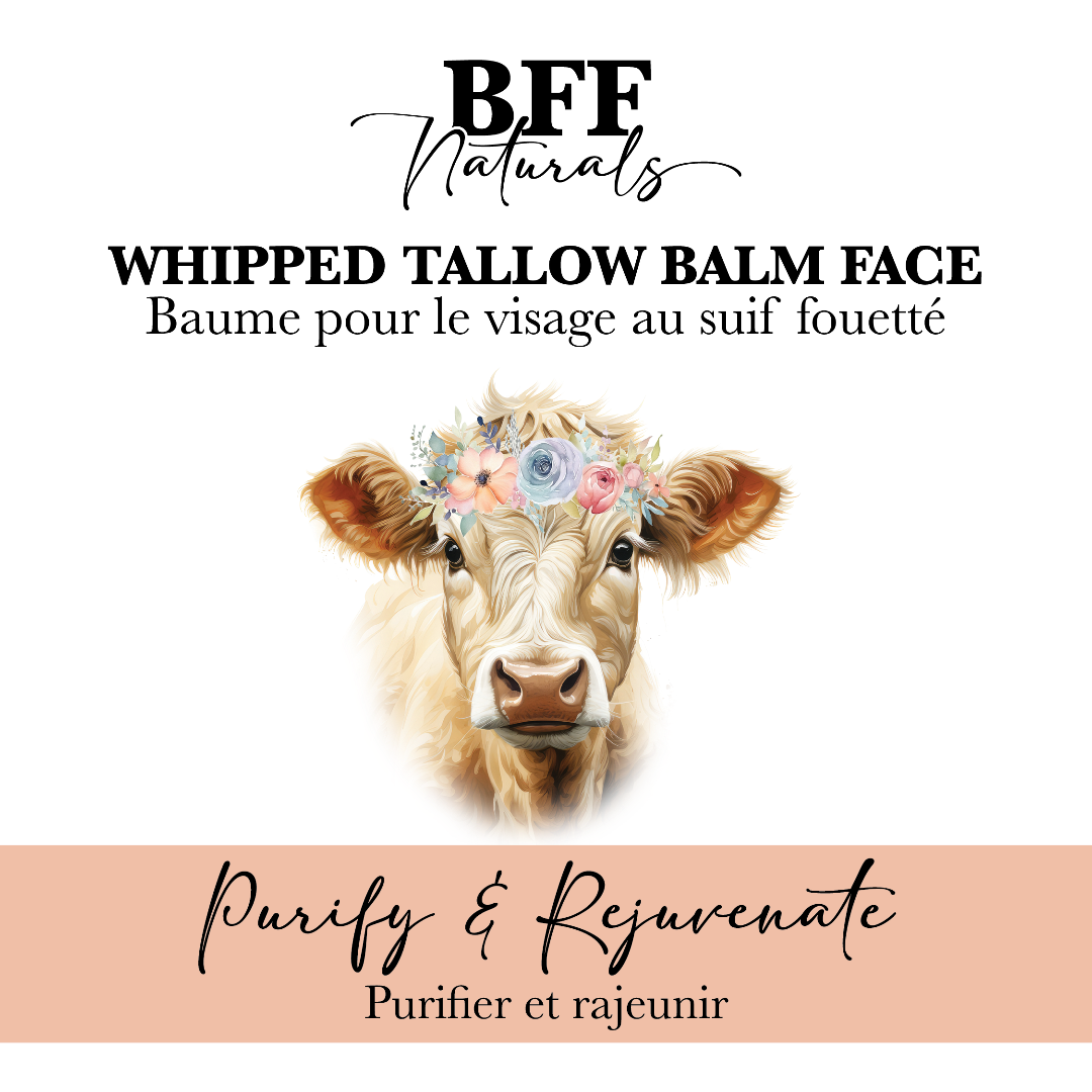 BFF Naturals whipped tallow balm face product with a cow illustration and floral crown on a white background.