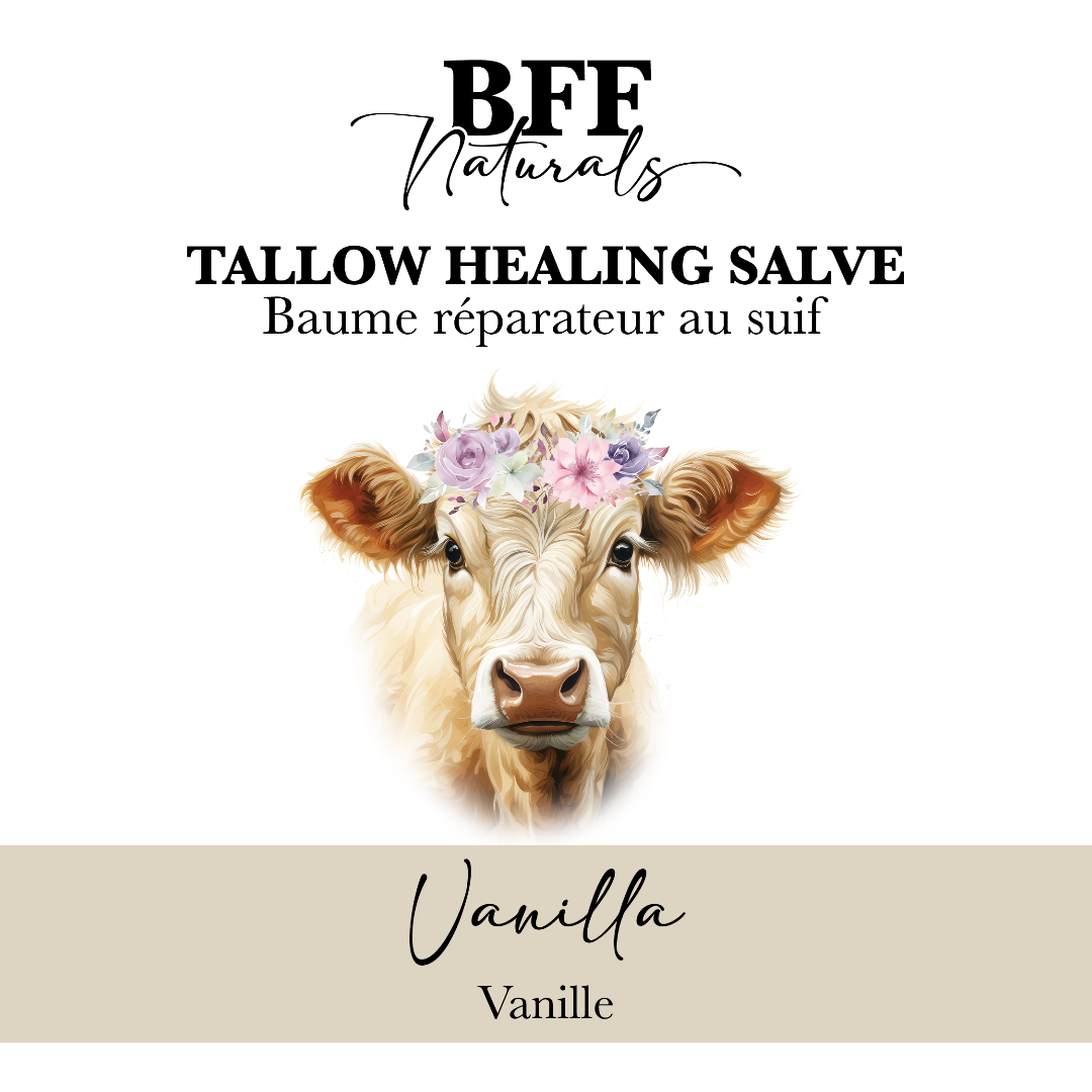 BFF Naturals tallow healing salve label with cow illustration and floral crown on a white background