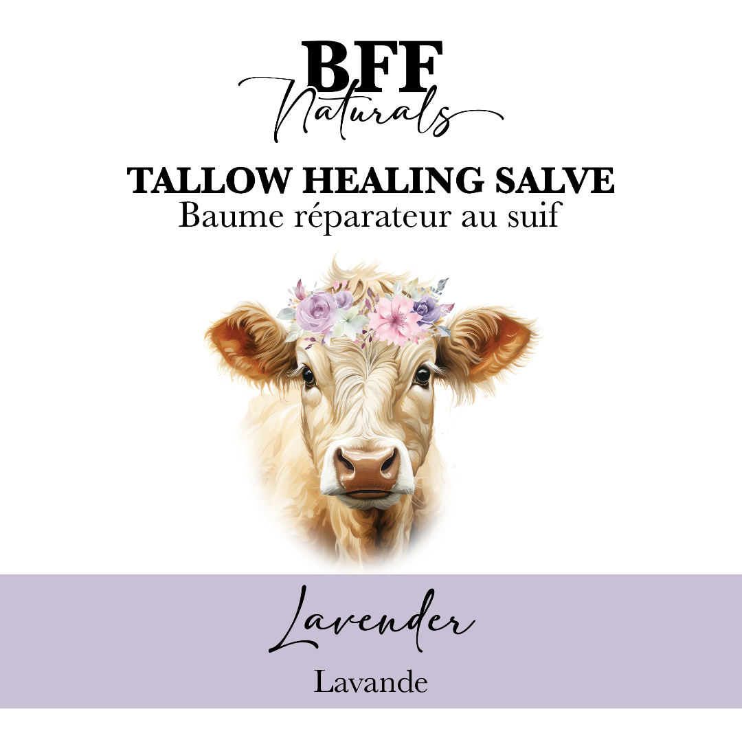 BFF Naturals tallow healing salve packaging with a cow's face and floral crown on a white background.