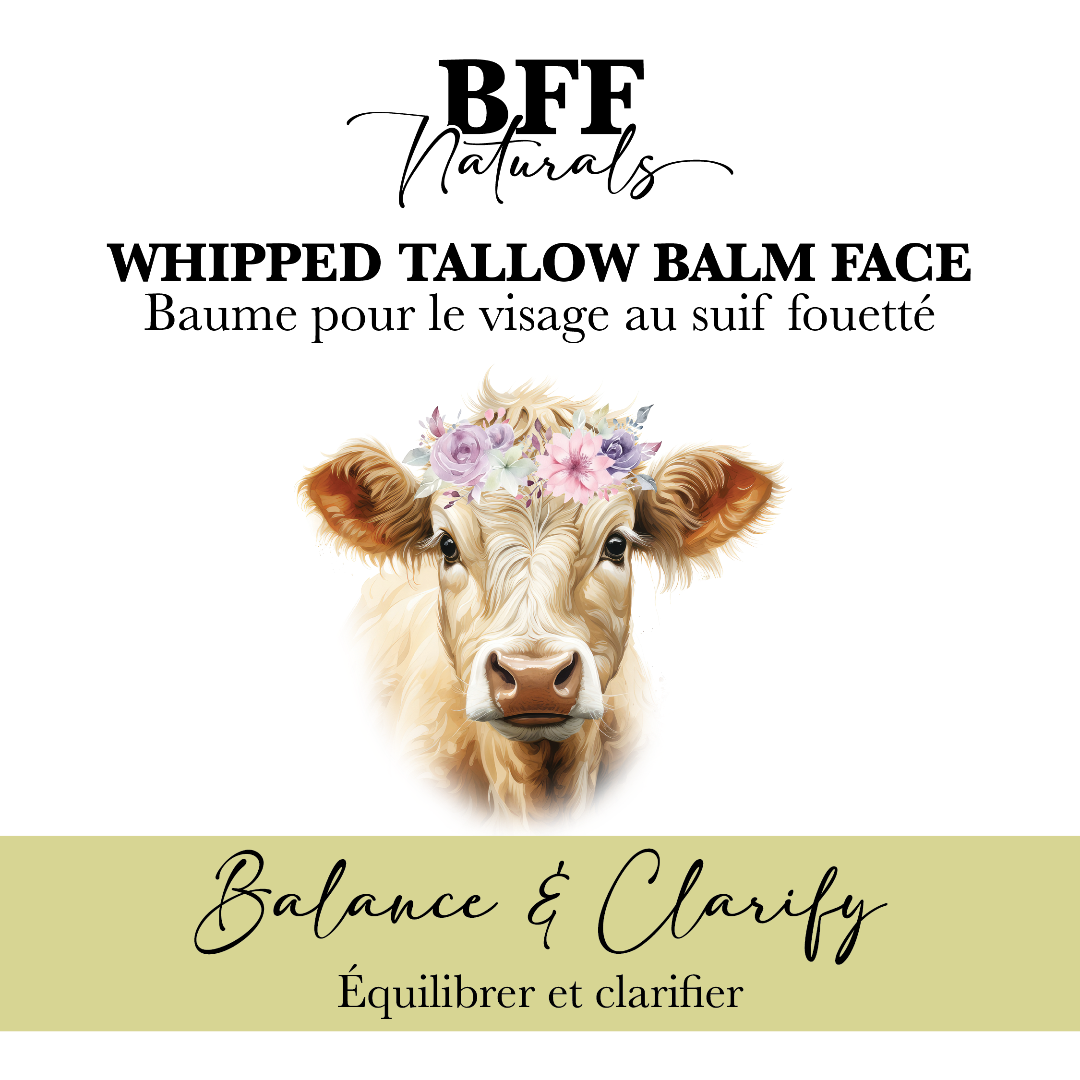 BFF Naturals whipped tallow balm face product with cow illustration and floral crown on a white background