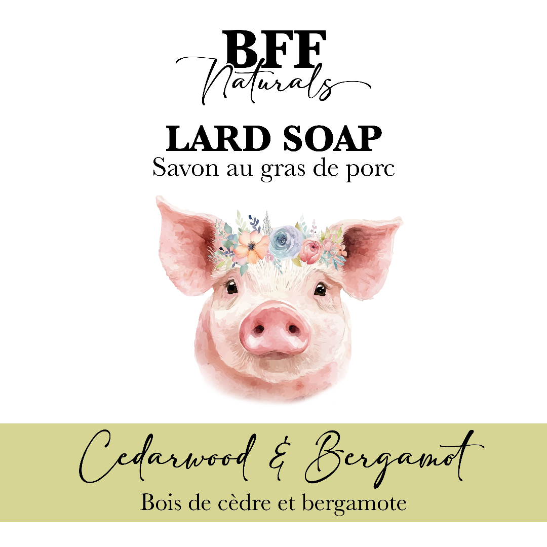 Lard soap packaging with a pig illustration and floral crown on a white background