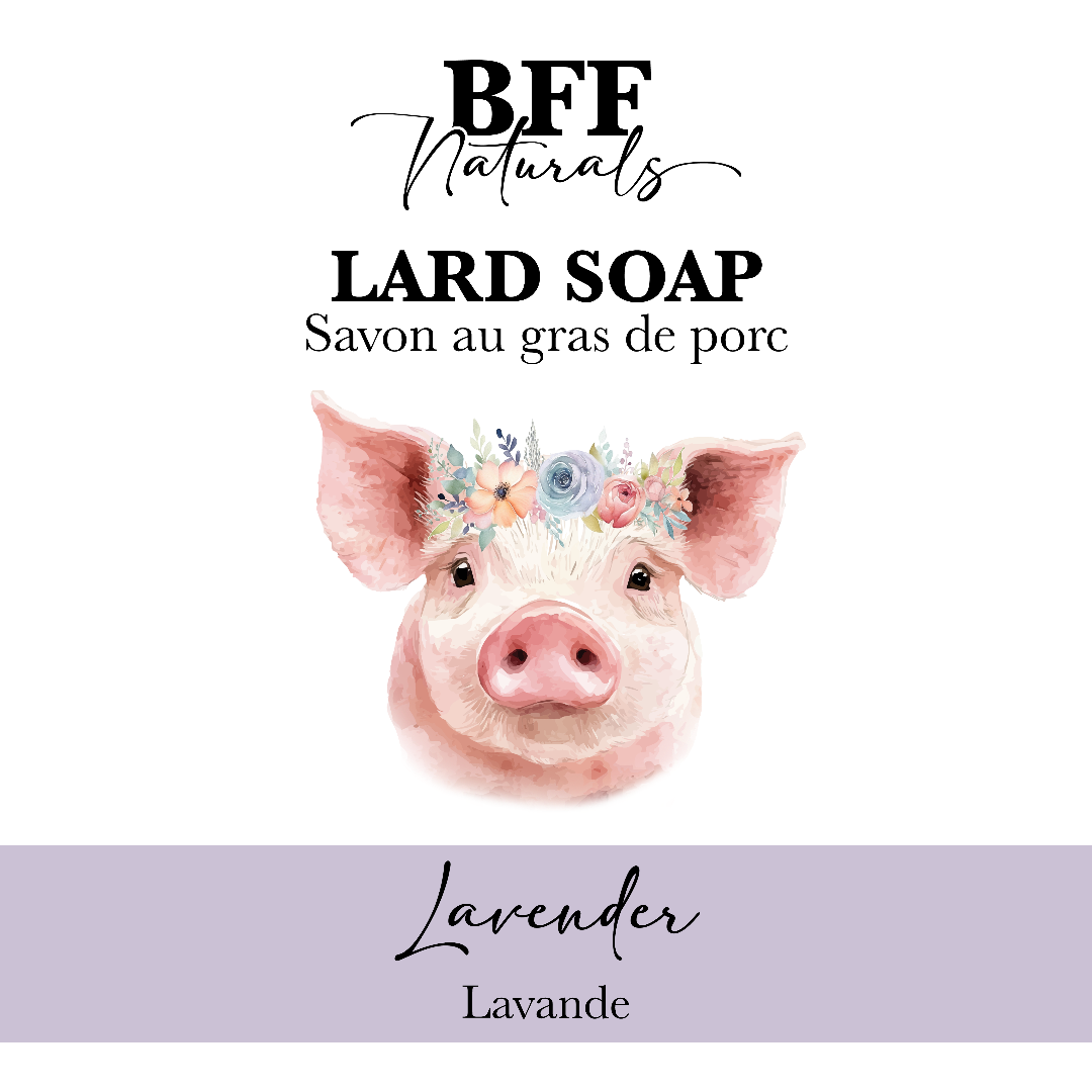 Lard soap packaging with a pig illustration and 'BFF Naturals' branding on a white background.