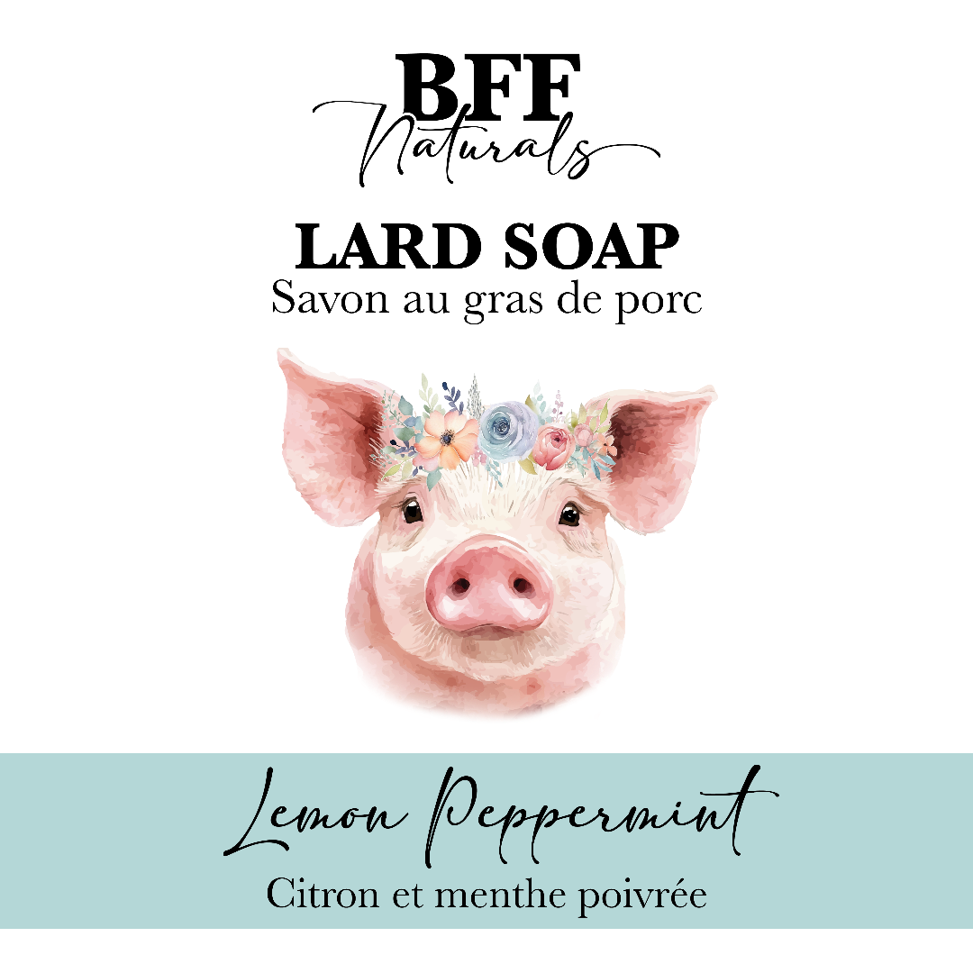Lard soap packaging with a pig illustration and 'BFF Naturals' branding on a white background.
