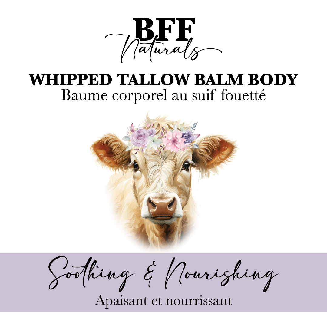 BFF Naturals whipped tallow balm body product with a cow's face and floral crown on a white background