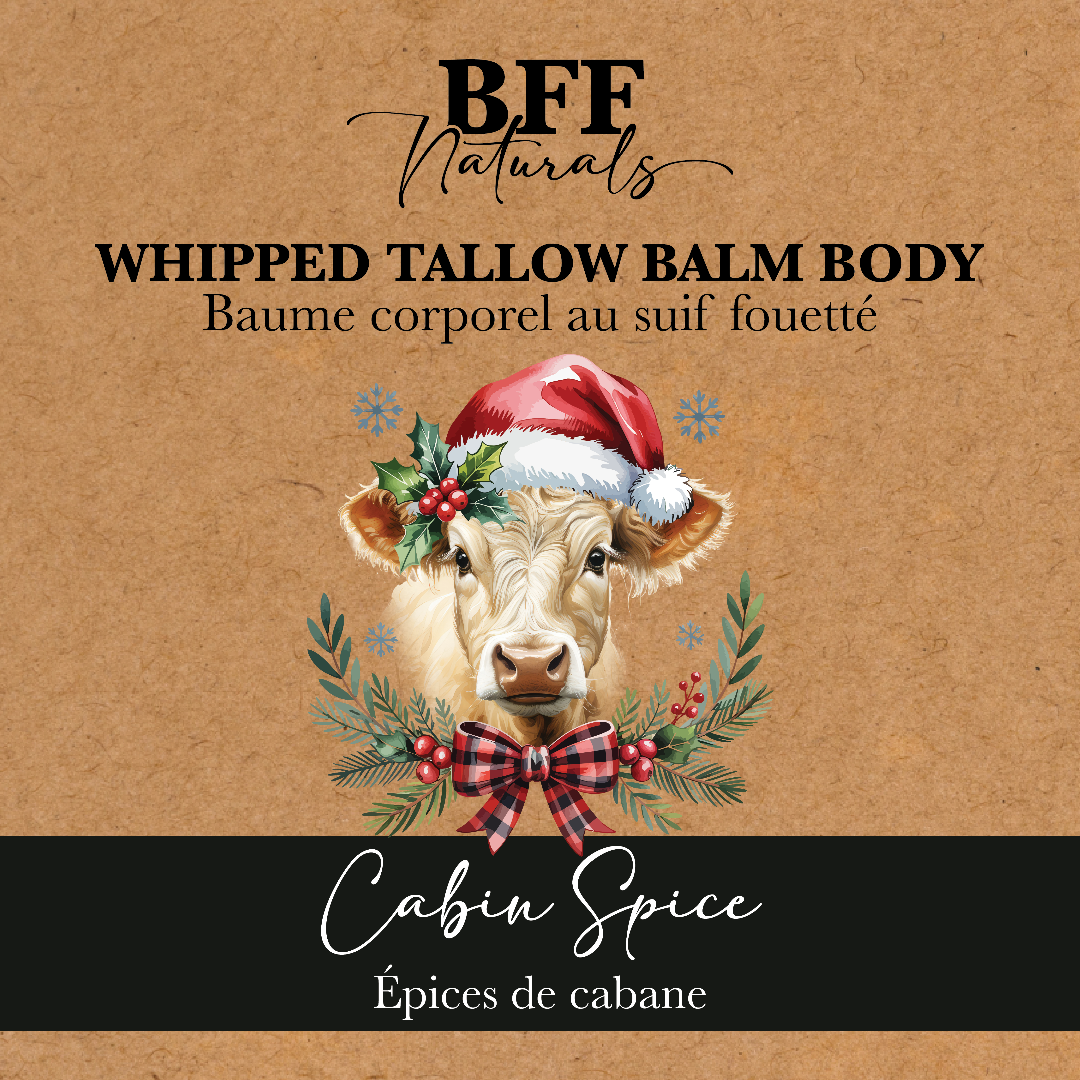 Product label for 'BFF Naturals Whipped Tallow Balm Body' with a cow wearing a Santa hat and Christmas wreath on a brown background.