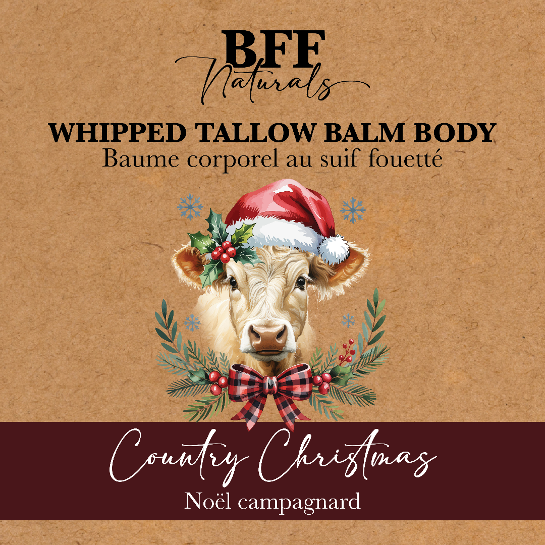 Product label for 'BFF Naturals' whipped tallow balm body with a cow wearing a Santa hat and Christmas wreath on a brown background.