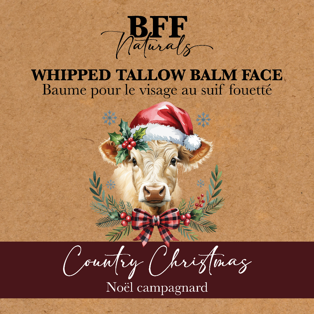 Product packaging for 'BFF Naturals Whipped Tallow Balm Face' with a cow wearing a Santa hat and Christmas wreath on a brown background.