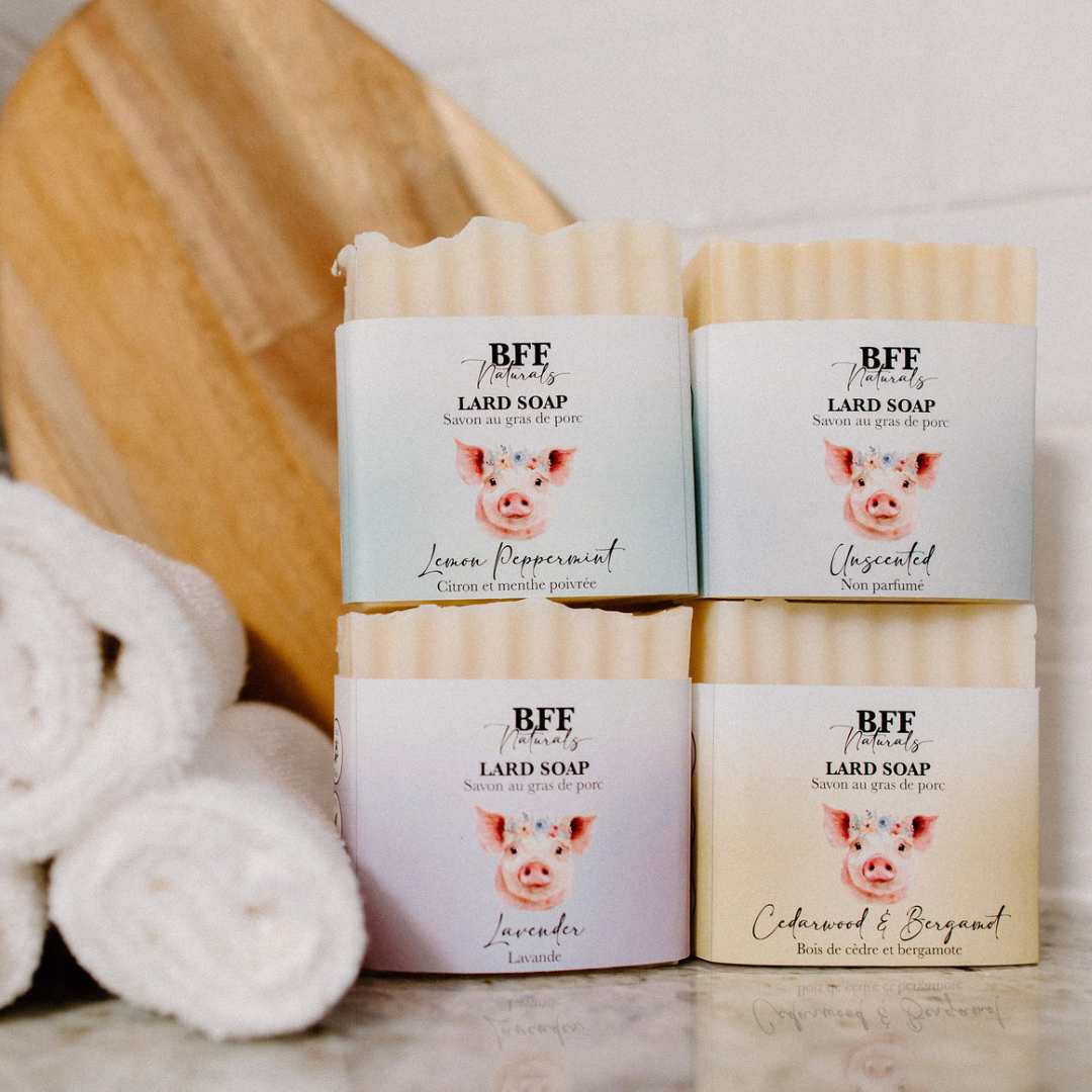 BFF Naturals lard soap bars with visible branding and product names on a neutral background.