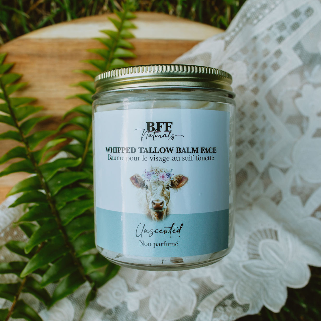 BFF Naturals whipped tallow balm face jar with a cow illustration on a natural background